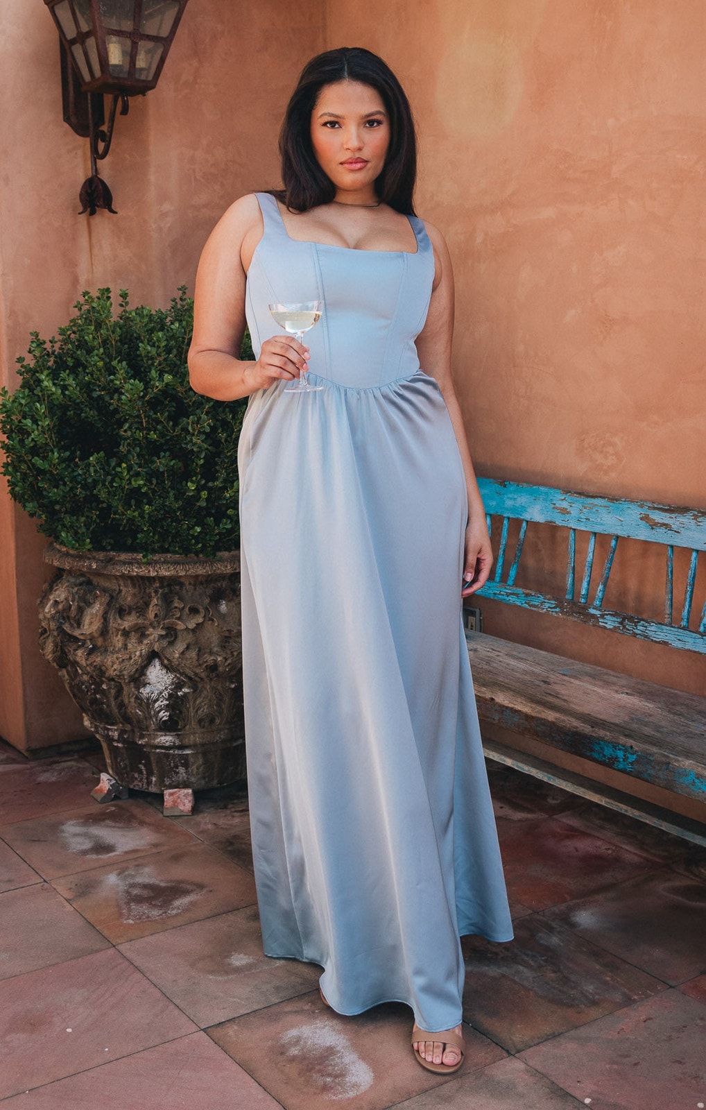 Show Me Your Mumu Nina Maxi Dress In Steel Blue Luxe Satin L